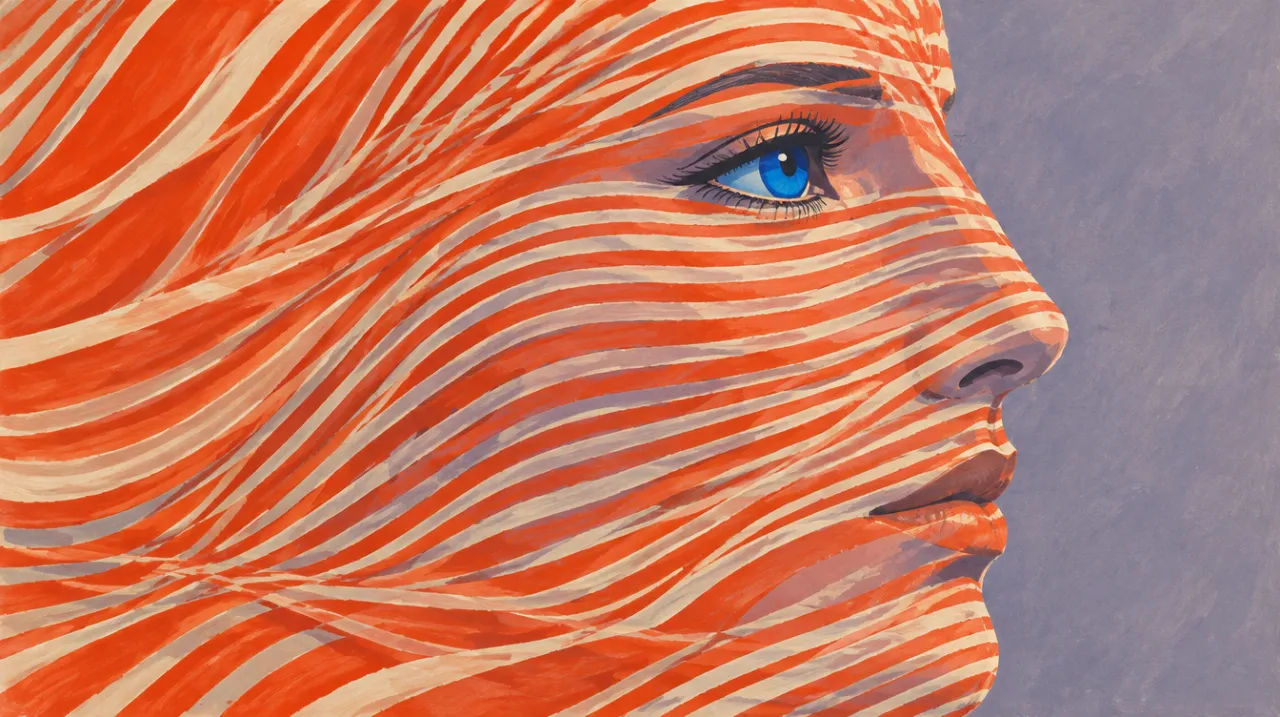 A face in profile behind a veil of orange and cream stripes, one blue eye showing through